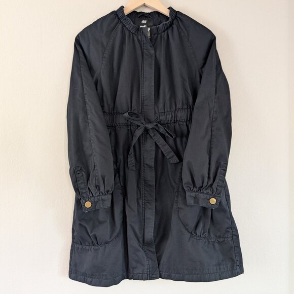 H&M Black Drawstring Waist Mid-Length Utility Jacket Collarless Feminine Size 4 - Picture 5 of 11